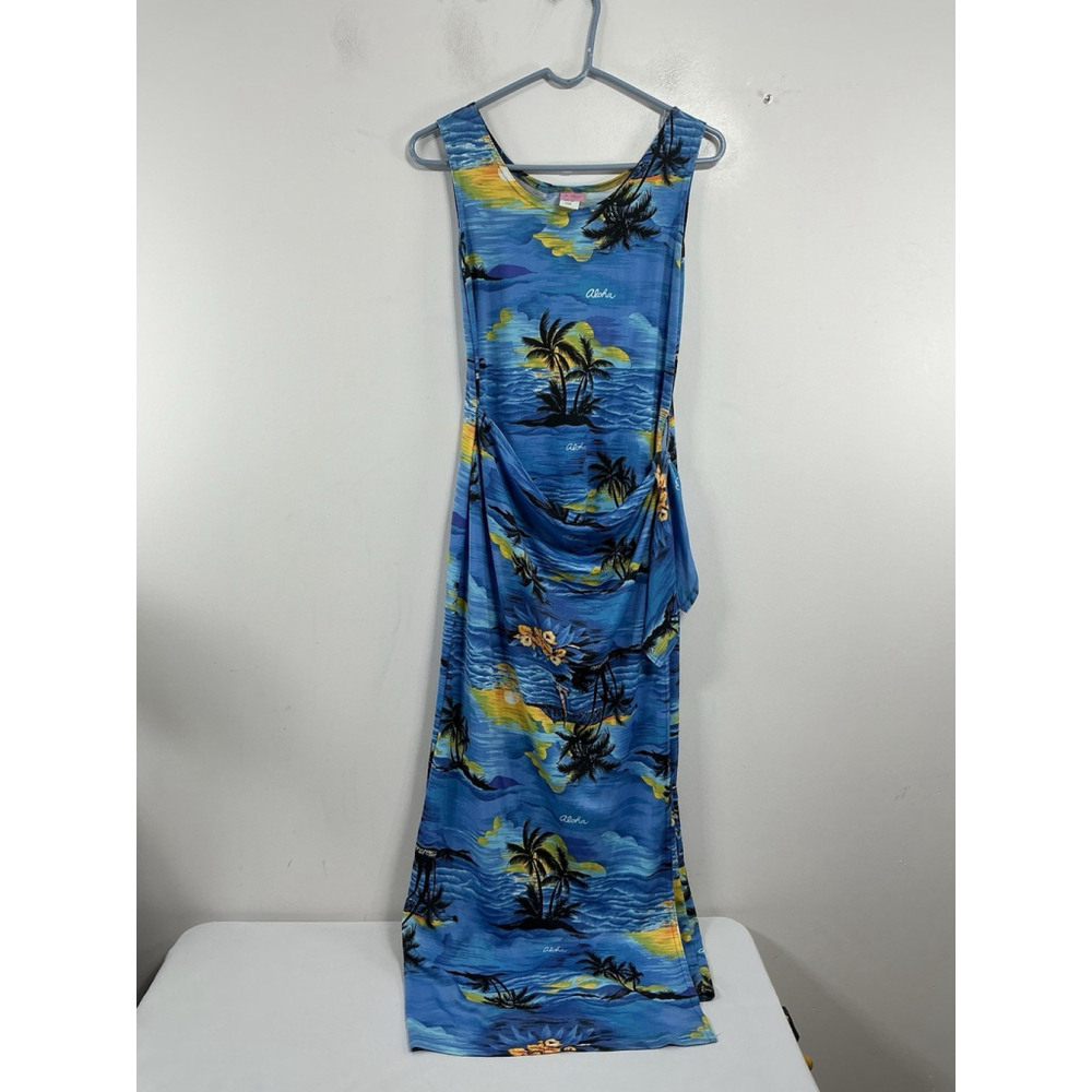 Womans Excellent Kisses & Hugs Sleeveless Maxi Sun Dress Large Blue Tropical